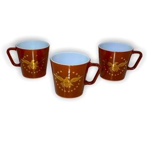 3 Vintage Pyrex Mugs American Gold Eagle 1410 Made In USA Brown Cups 10 Oz